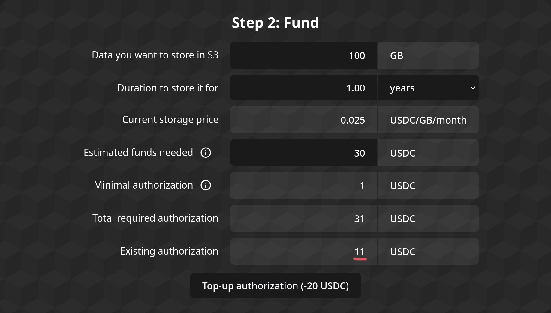Screenshot of the Step 2 interface, when used for topping-up